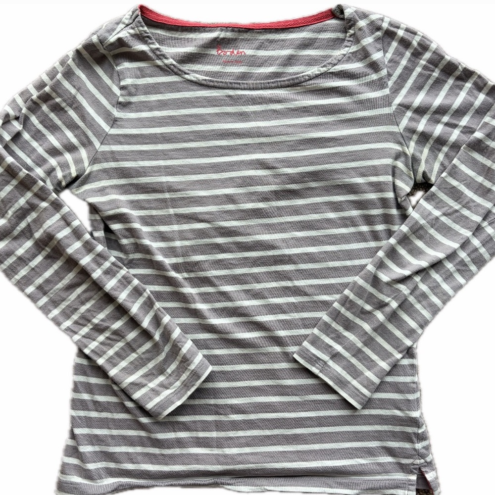 Boden Classic Striped Cotton Long 3/4 Sleeve Tee Grey White Basic Boat Neck XS